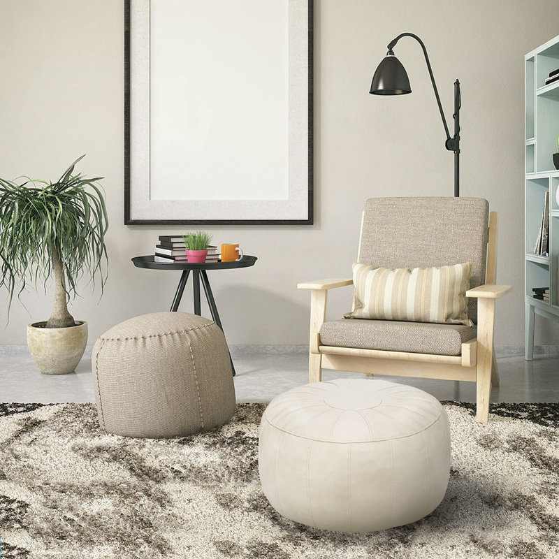 Izaiya Faux Leather Pouf, Ivory White Faux Leather
