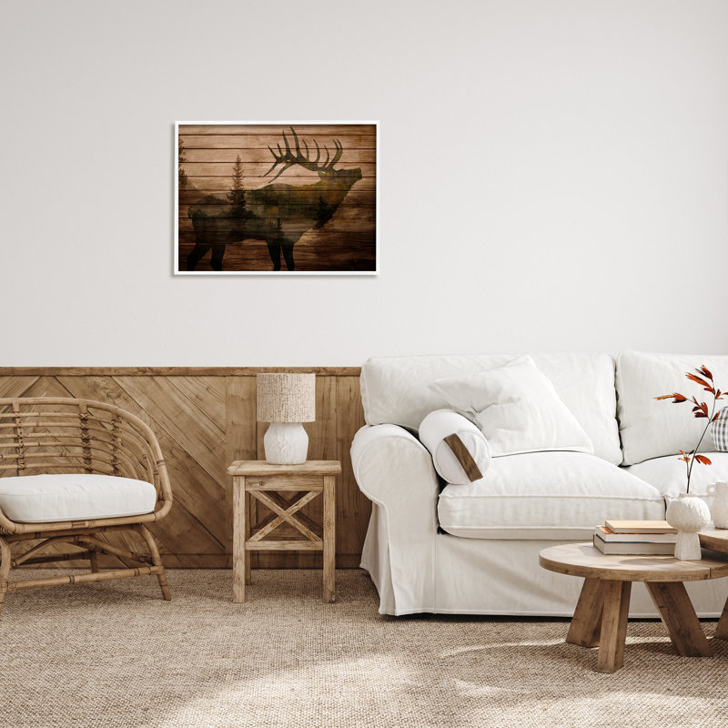 «Forest Elk Silhouette Rustic Plank» par Kim Allen - impression, H 24 po x l 30 po, Cadre blanc