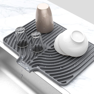 Tapis de séchage en silicone pour comptoir de cuisine, tapis de séchage en silicone 18 po x 12 po avec drain de planche, support de séchage en caoutchouc pour comptoir de cuisine (gris)