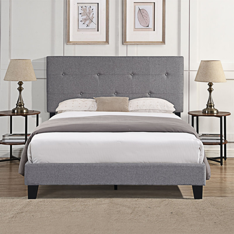 Upholstered Platm Bed Frame With Button Tufted Headboard, Full, Gray