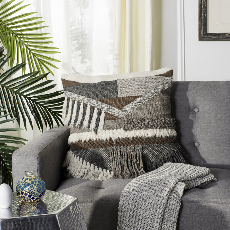Freja 20" Charcoal and Brown Geometric Wool Throw Pillow