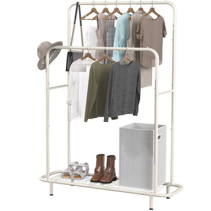Portant à vêtements à double tringle avec tablettes inférieures, bronze, Blanc