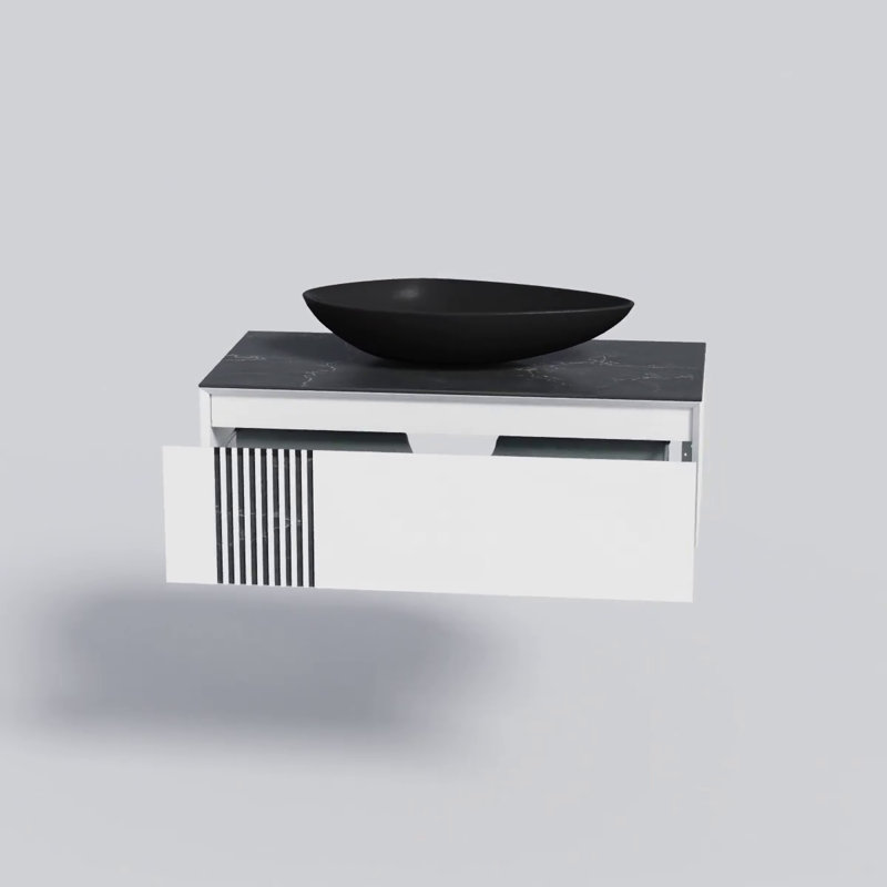 Modern Black Wall-Mount Bathroom Vanity with Ceramic Sink