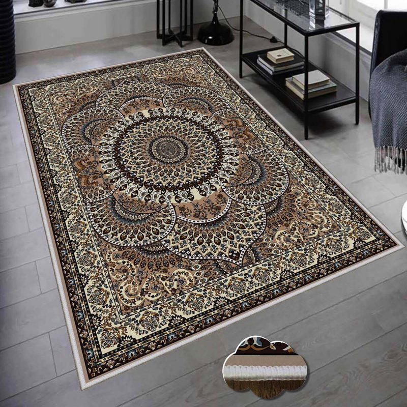 Tapis oriental rectangulaire en polyester tissé à la machine 1 pi 8 po x 2 pi 7 po brun / crème Trosa