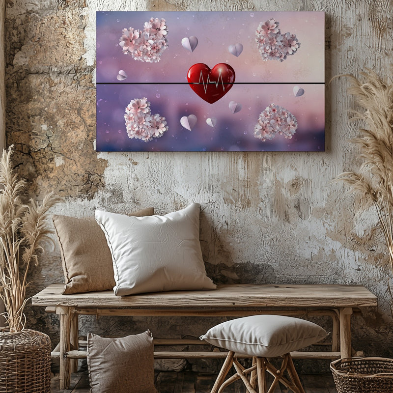 Toile, "Composition romantique" avec un cœur rouge brillant avec un art mural, H 20 po x l 20 po