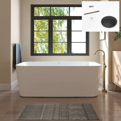 FerdY Maui 67" Freestanding Bathtub Elegant Freestanding Soaking Bathtub, Glossy White, cUPC Certified, Toe-Tap Matte Black Drain & Overflow Assembly Included