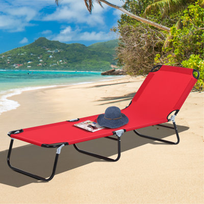Folding Chaise Lounge Pool Chairs, Outdoor Sun Tanning Chairs With 5-Level Reclining Back, Steel Frame For Beach, Yard, Patio, Red