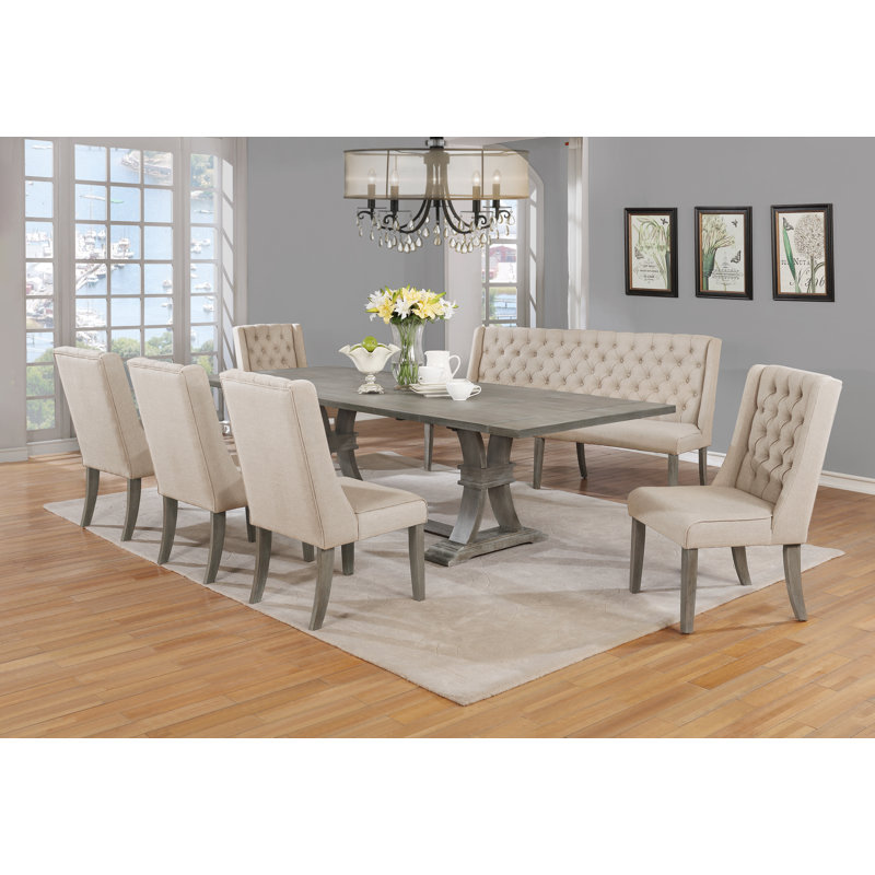 Dions Extendable Dining Set with Linen Upholstered Seating and Button Tufting, Gray Rustic, Beige