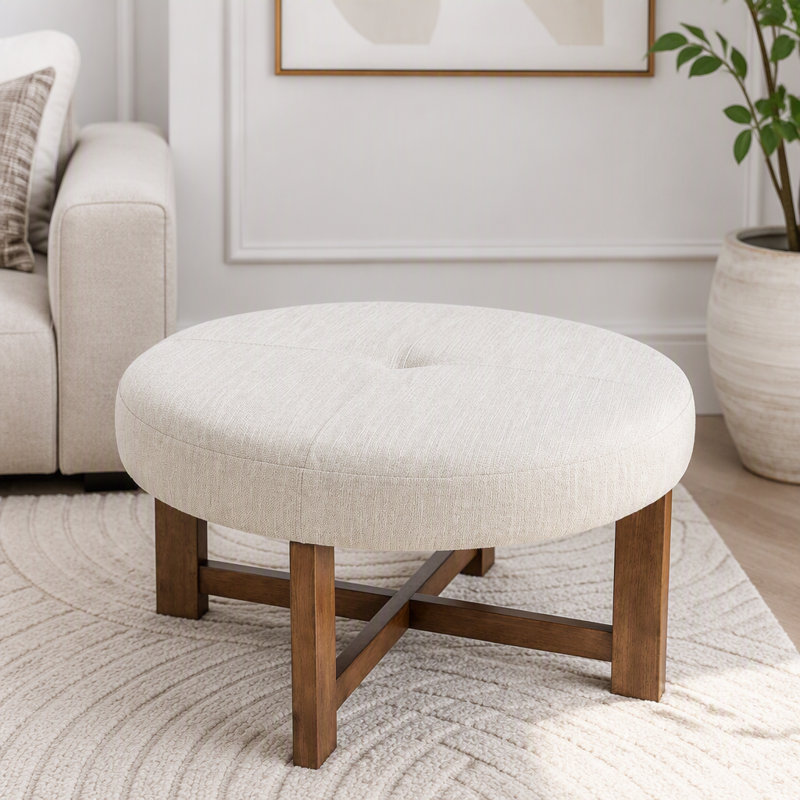 Pouf rond en tissu beige avec piétement en croix en bois massif, Beige, naturel