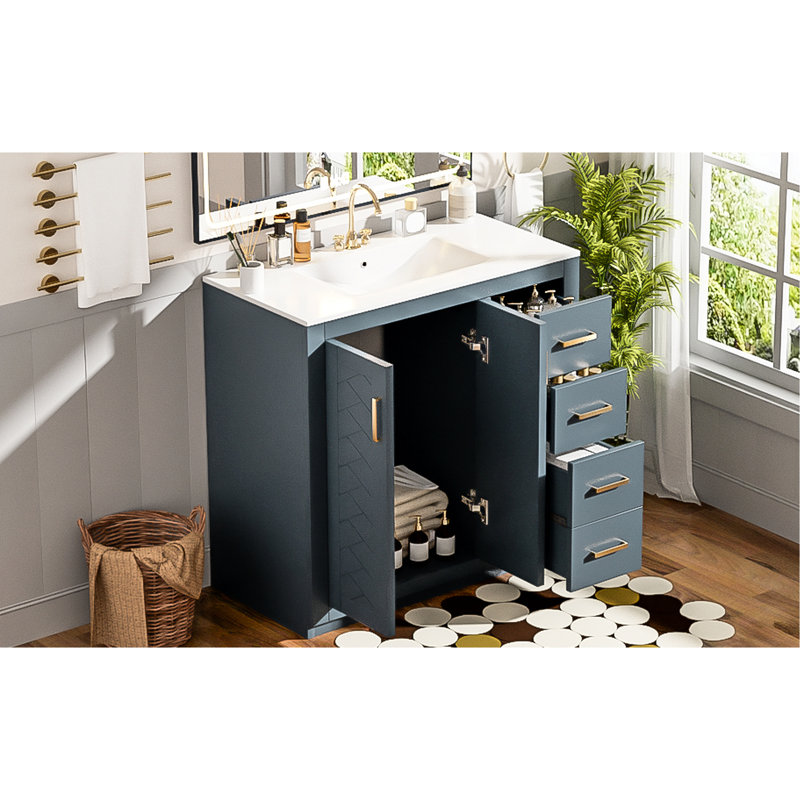 Meuble-lavabo de 36 po, lavabo en céramique, structure en bois massif, portes, planches, rangement spacieux, style rétro, poignée en métal exquis, motif de rainure unique, glissière de tiroir lisse, rangement facile à installer de 36 po
