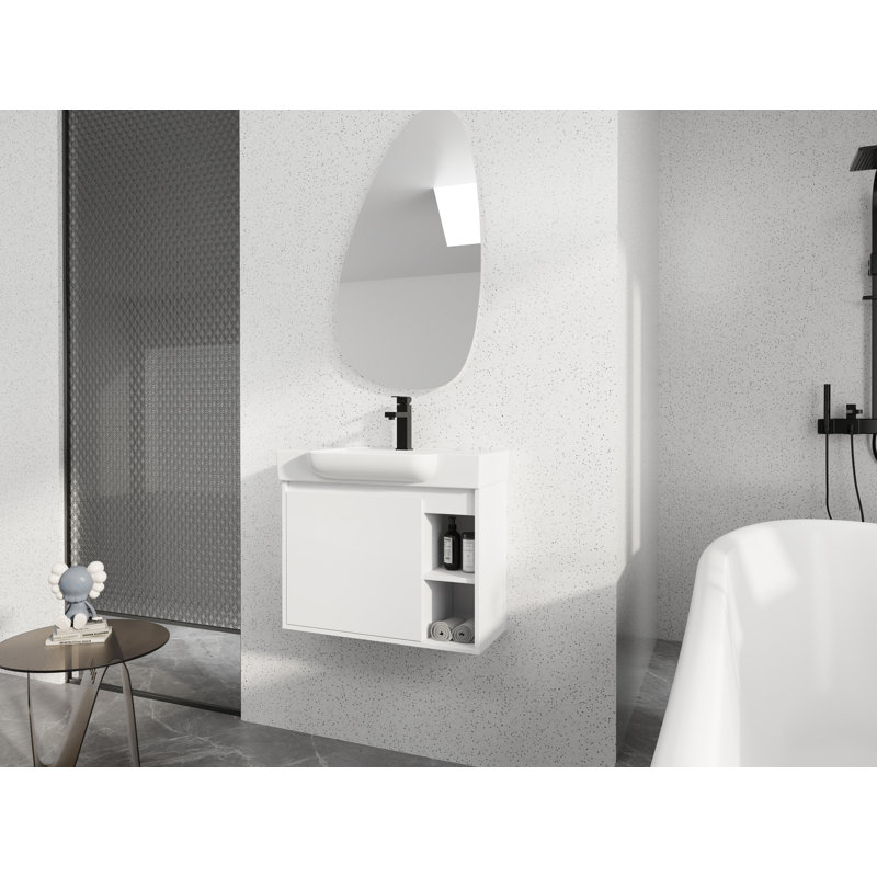 Meuble-lavabo mural de 28 po, armoire flottante blanc brillant avec lavabo en céramique blanche et portes à fermeture en douceur
