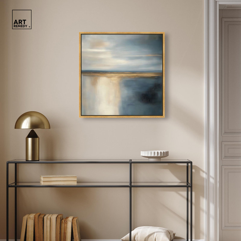"Coastal Dreams", art mural bleu par , H 25 po x l 25 po, Cadre flottant doré