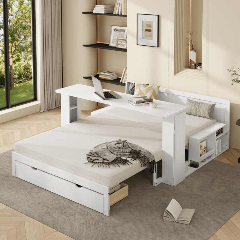 Canapé-lit multifonctionnel 4-en-1 avec tiroir de rangement et accoudoirs, meubles convertibles peu encombrants, Blanc