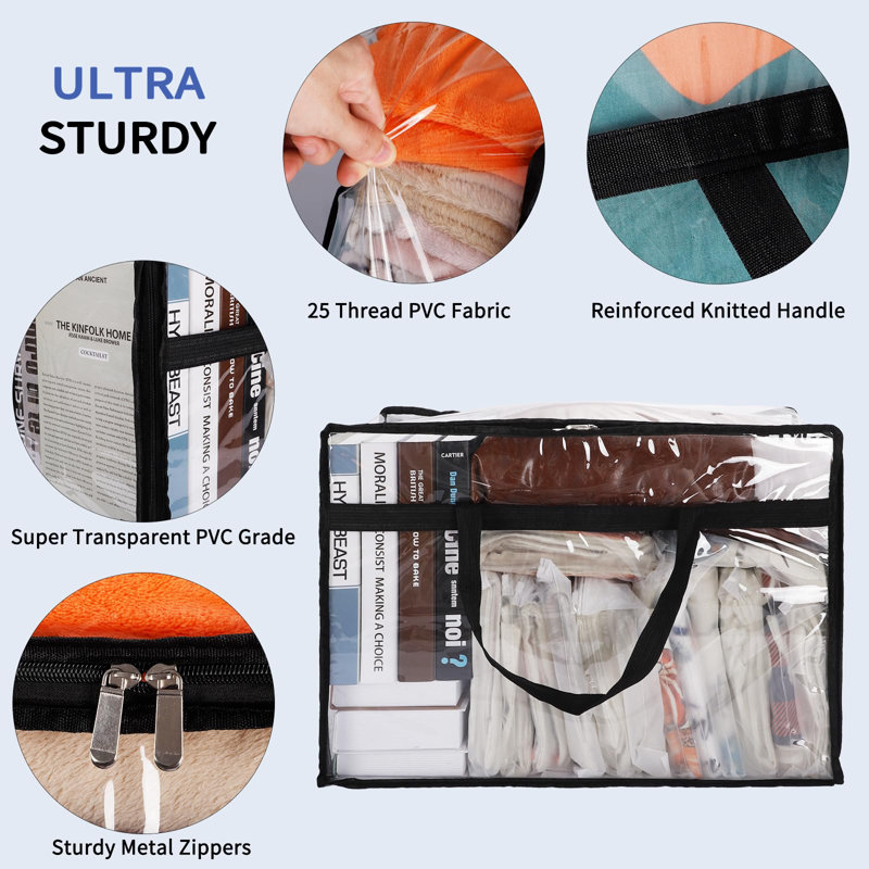 Blanket Storage Bags 60L Extra Large Plastic Vinyl Clear Storage Bag For Clothes, Comforter, Bedding, Moving Bags With Zipper And Reinforced Handle (4Pcs)