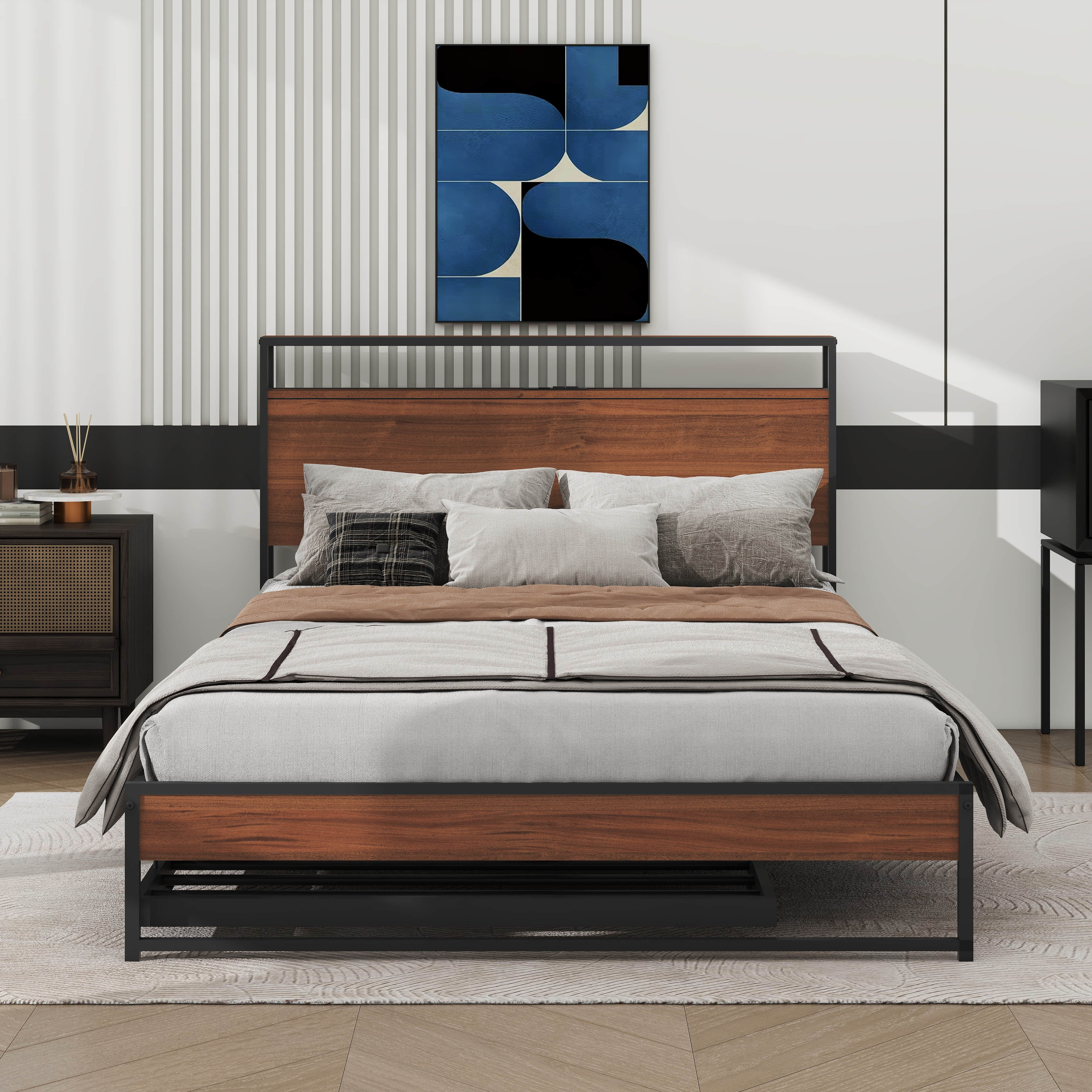 Full Size Metal Platform Bed Frame with Trundle and USB Ports