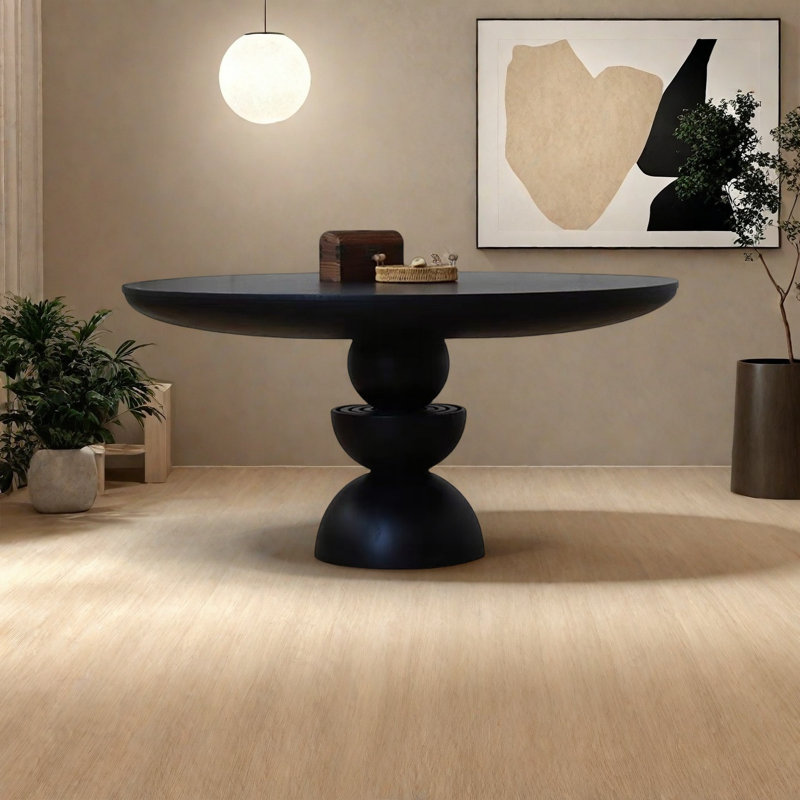 Table de salle à manger en bois de frêne massif avec base ronde unique, Noir, H 29,9 po x L 53,1 po x l 53,1 po