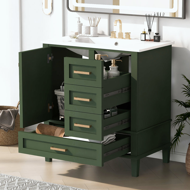 Ensemble de meuble-lavabo simple 30 po avec plateau en céramique Maureena, Vert, Or