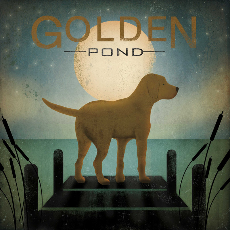 Chien jaune au lever de la lune - étang doré, H 36 po x l 36 po