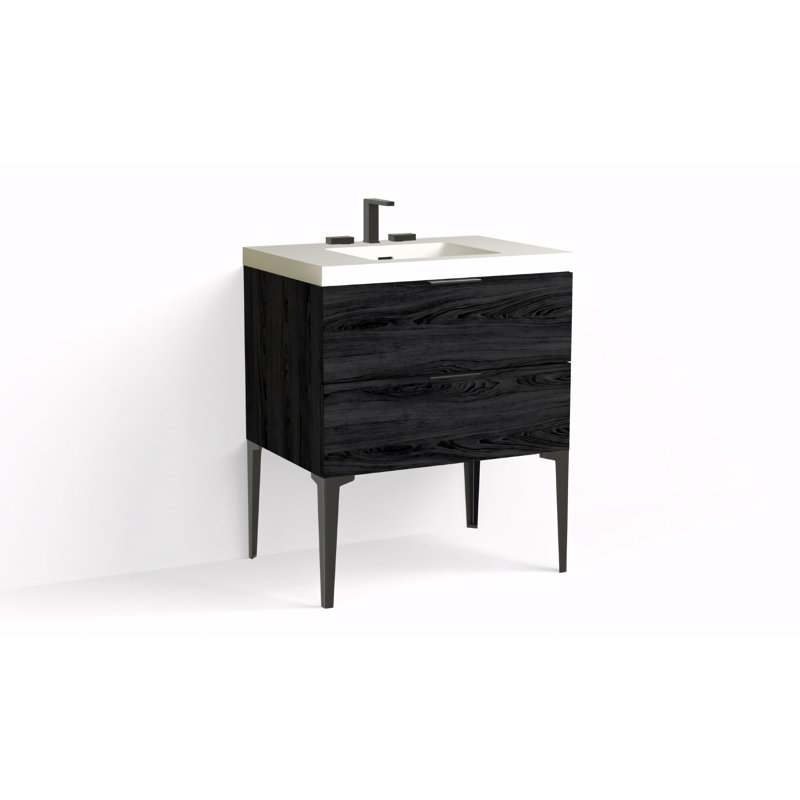 Avila 30" W Freestanding Single Bathroom Vanity with Dean Leg, Matte White/8" Widespread, Charred, Matte Black