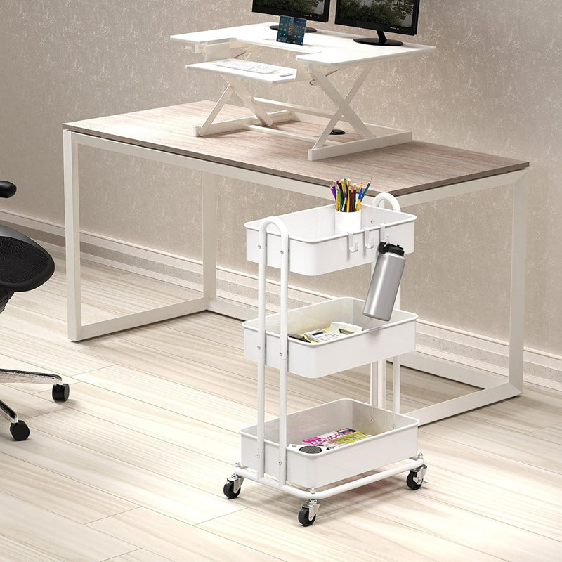 Chariot à roulettes utilitaire en métal robuste à 3 niveaux, chariot de rangement avec roulettes pour la cuisine, la salle de bain ou le bureau - Blanc