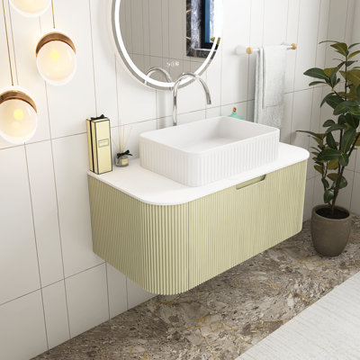 30" Wall-Mounted White Rectangular Ceramic Basin Bathroom Vanity In Light Green