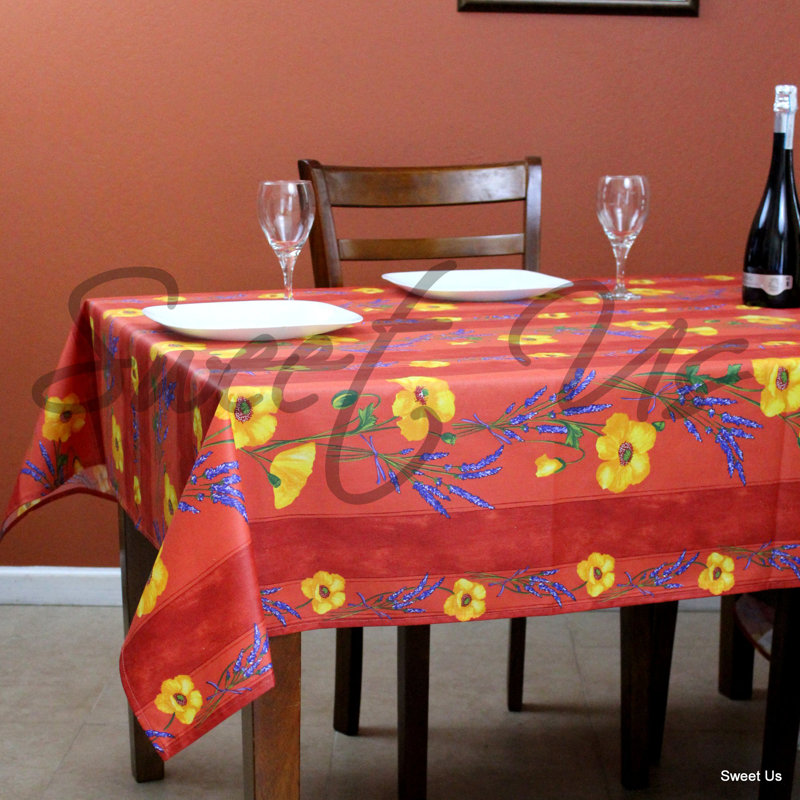 Wipeable Stain Resistant Acrylic Coated Cotton French Provencal Poppy Floral Tablecloth, 98" x 60", Salmon Peach