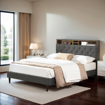 Tufted Upholstered Platform Bed With Convenient Charging Station And Storage Headboard