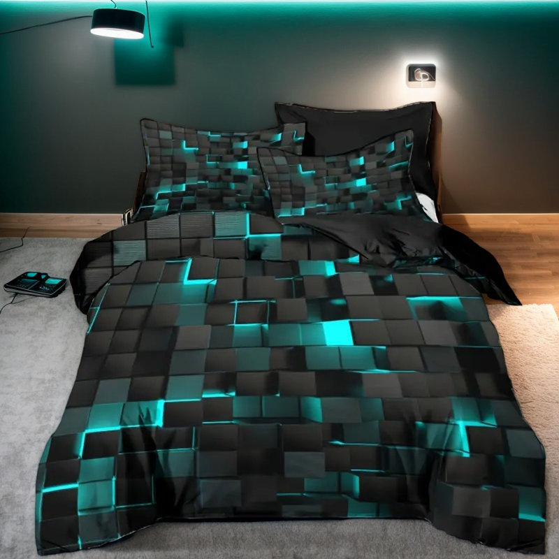 Teal And Black Geometric Microfiber Duvet Cover Set With Pillowcases, Digital Print Block Pattern Front With Solid Black Back, Reversible Bedding, Twin Full Queen King, Comforter And Pillow Inserts Not Included