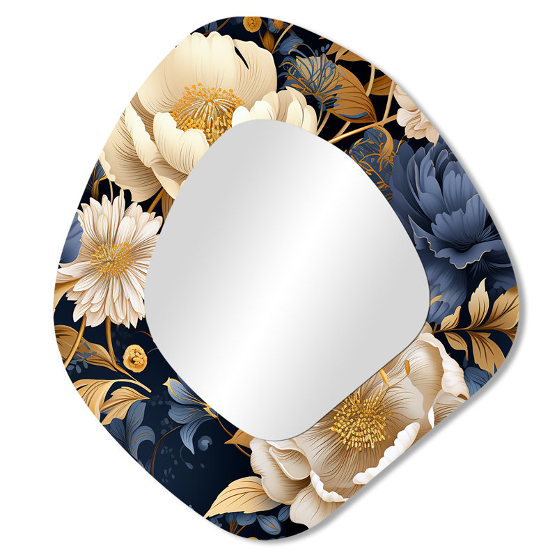 Grand motif de pivoines bleues et beiges - Motif floral 3D, 28 po x 25 po