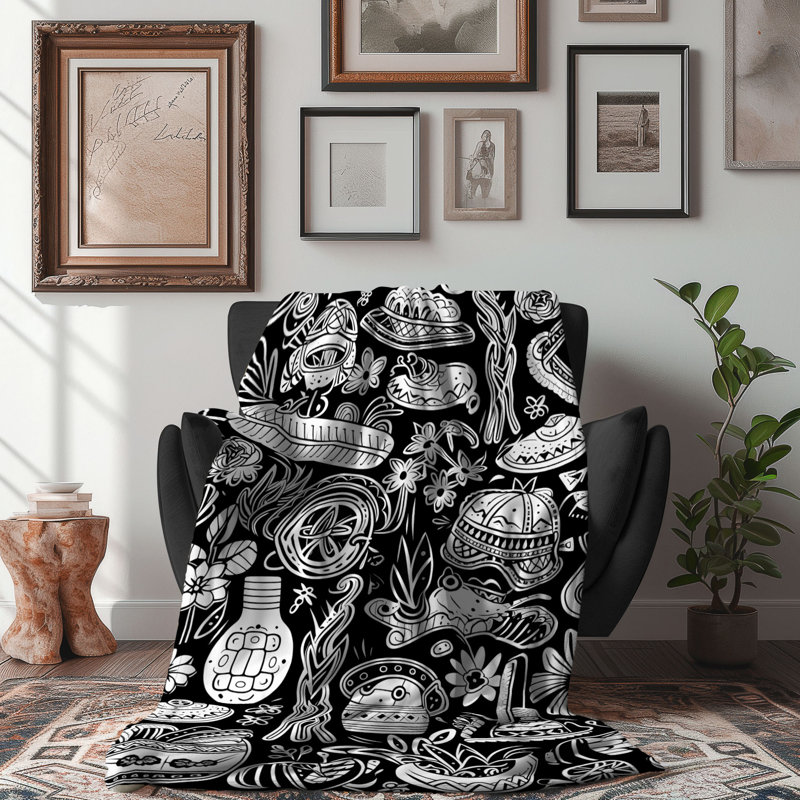 Monochrome Mexican Bloom - 1 Piece Premium Sherpa Blanket, L 60 po x L 80 po
