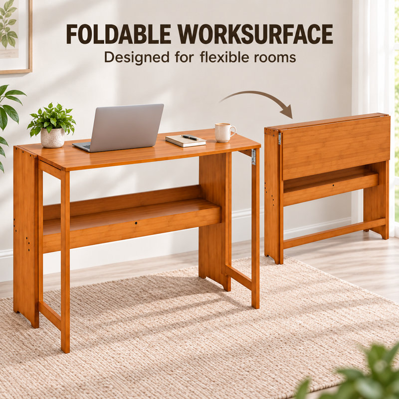 40-Inch Bamboo Folding Desk with Storage Shelf for Small Spaces, Brown