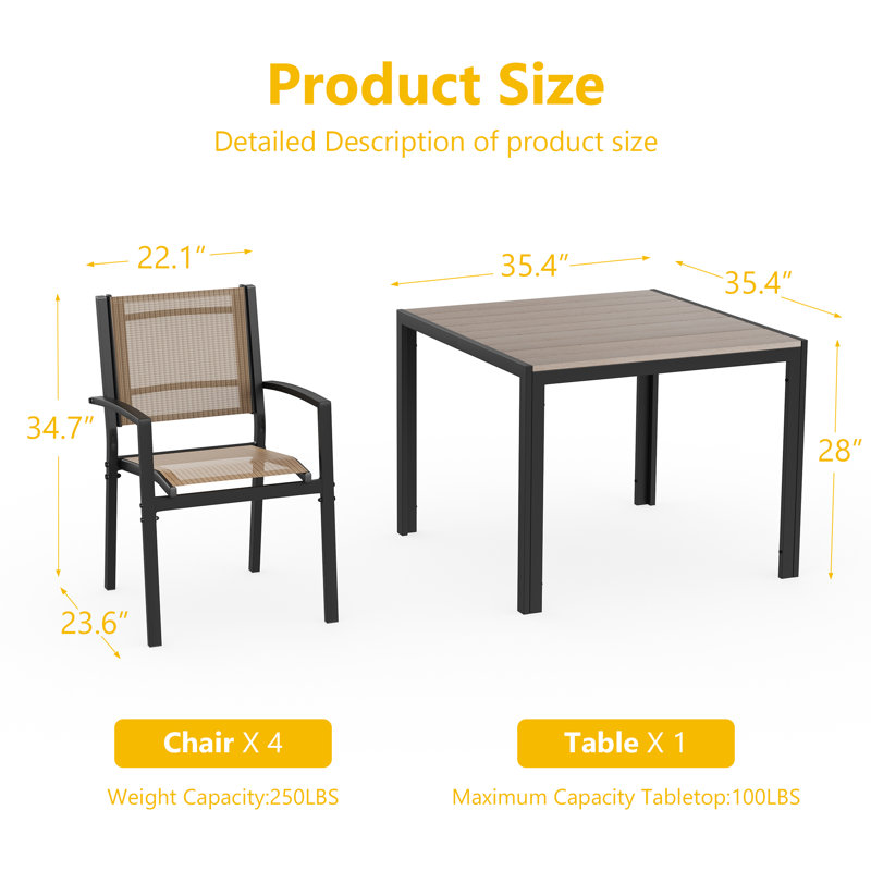 Ensemble de salle à manger 5 pièces en polyester enduit de PVC avec plateau de table, table de patio toutes saisons et chaises pour jardin