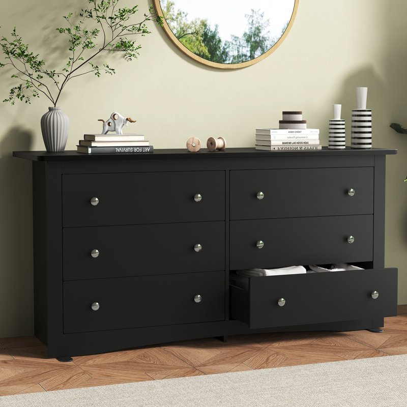 59" W 6-Drawer Double Dresser, Modern Wood Storage Chest, Black