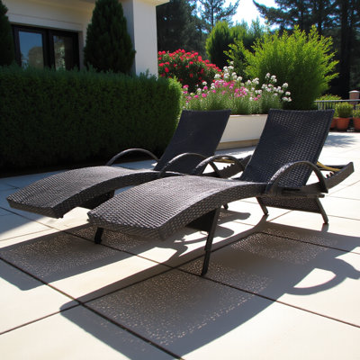 80'' Outdoor Wicker Chaise Lounge Chairs Set Of 2, Patio Rattan Reclining Chair Pull-out Side Table W/ 5-level Adjustable Backrest Ergonomic Wave Design Pool Sunbathing Recliners, Black