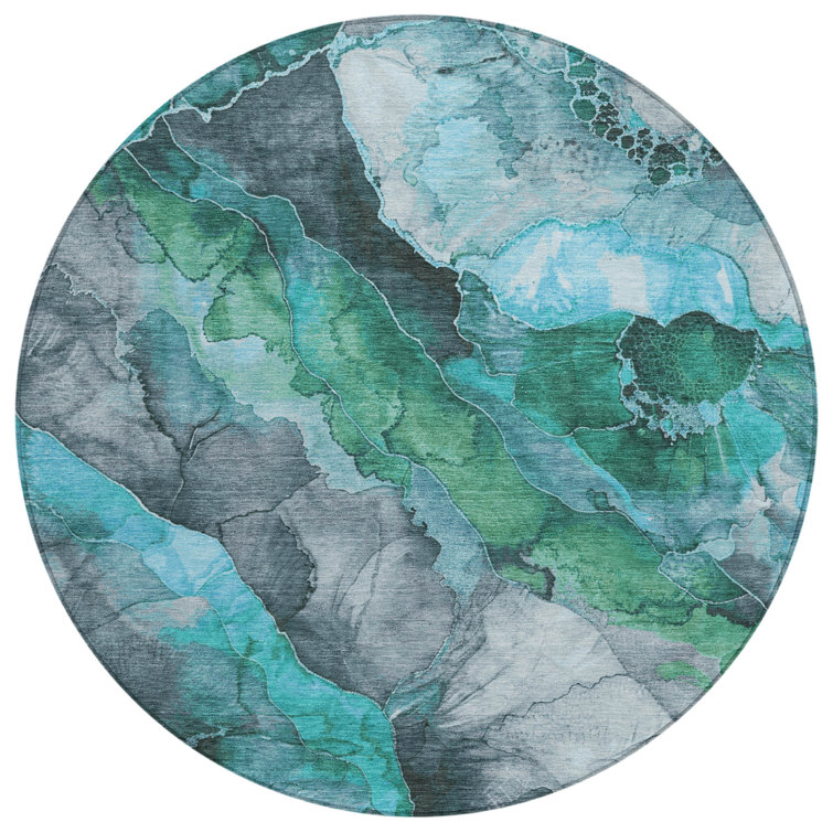 Machine Washable Indoor/Outdoor Xhevrie Teal Rug
