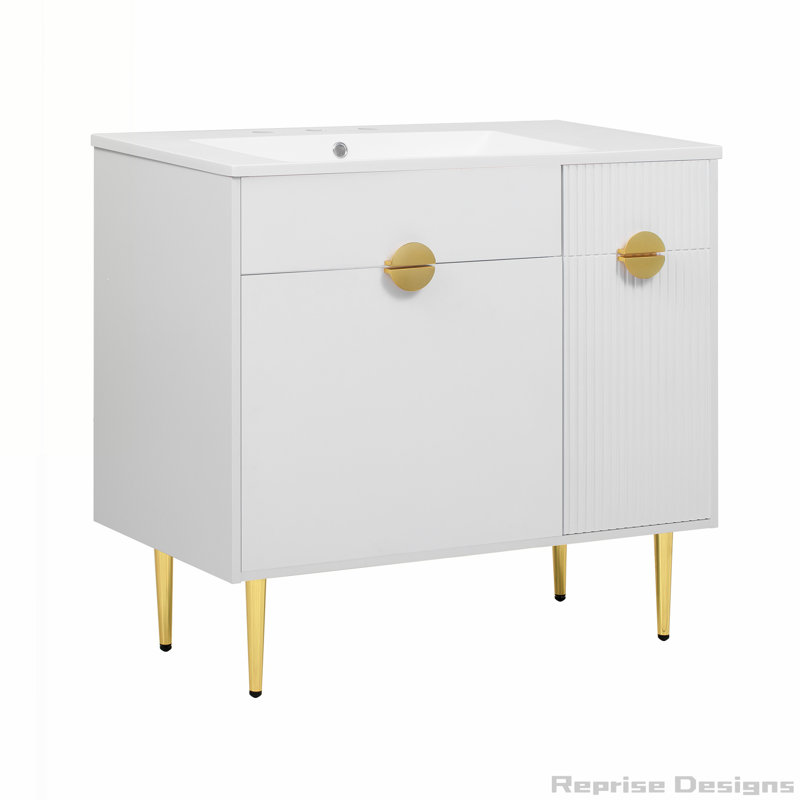 Armoire de salle de bain moderne 36 "avec lavabo en résine, porte à fermeture en douceur et porte rabattable