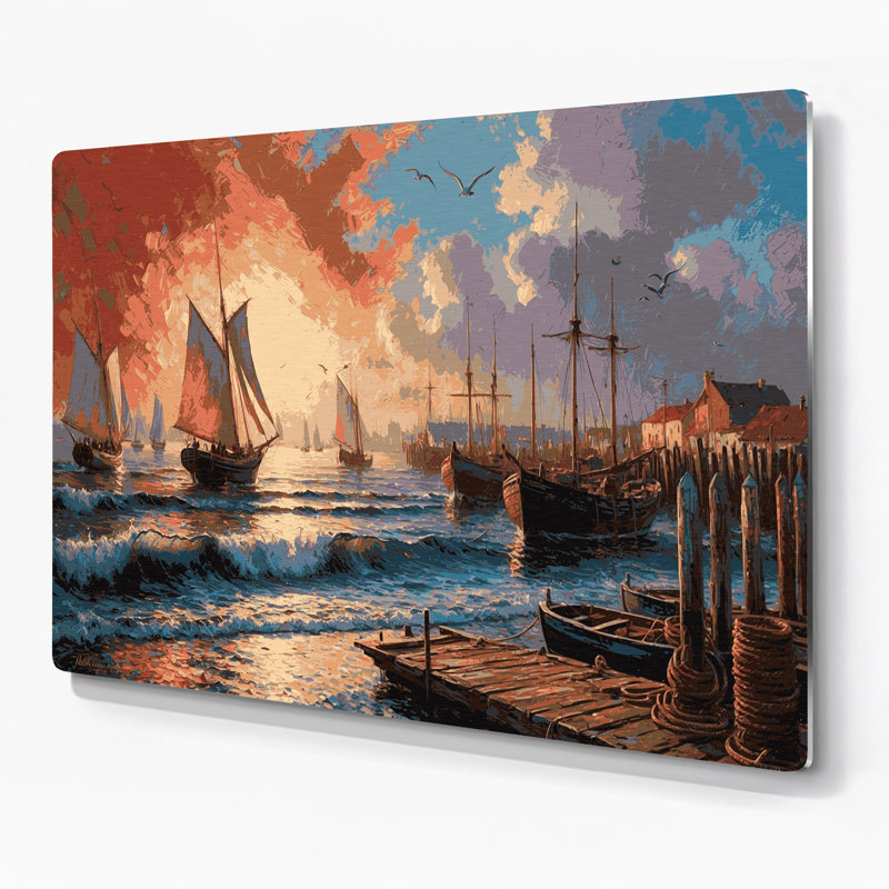 Coastal Harbor Scene, art mural en métal brun, H 11 po x l 14 po