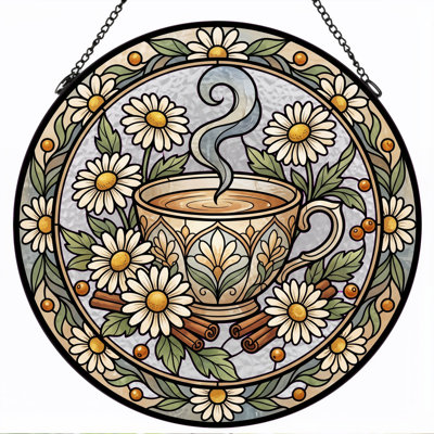 Floral Teacup Stained Glass Window Panel，7.8H