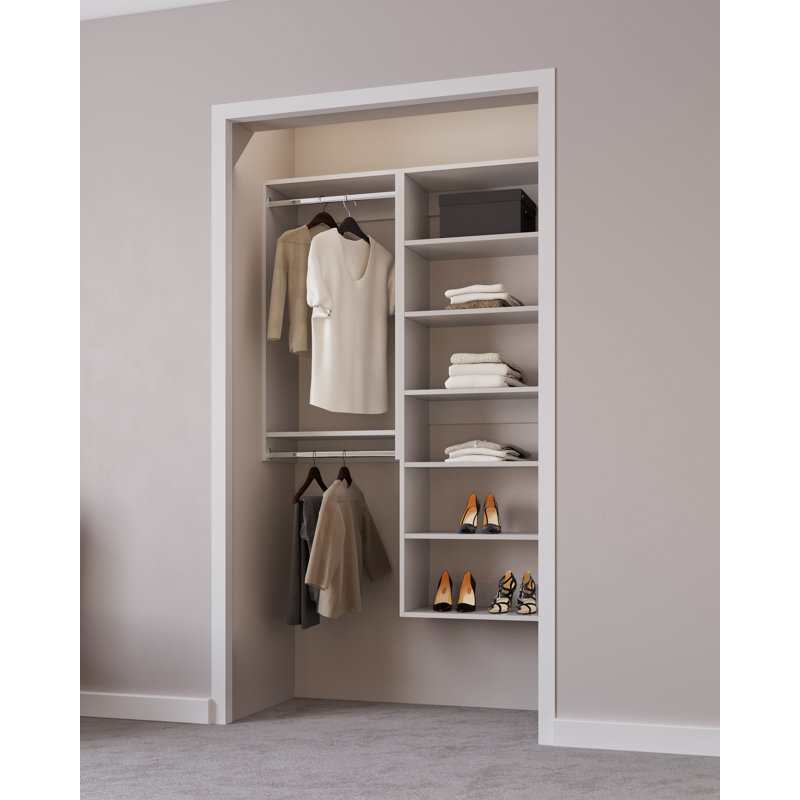 White Modular Closet System with Shelves and Hanging Space