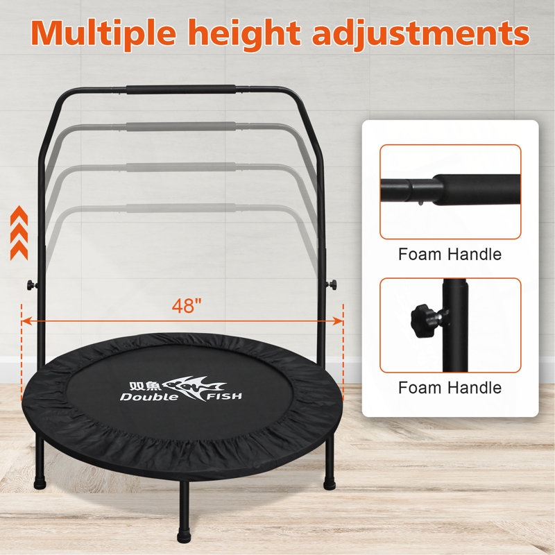 Mini trampoline réglable de haute qualité à poignée en mousse de 48 po - Peut supporter jusqu'à 400 lb, rebondisseur rectangulaire noir pour adultes - idéal pour les entraînements intérieurs et extérieurs