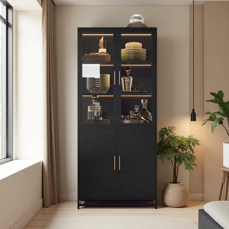 76.75'' Tall Display Cabinet, With Glass Doors And LED Lights, Steel Curio Cabinet With 3-Sided Glass, Pantry Cabinet With Storage For Hallways