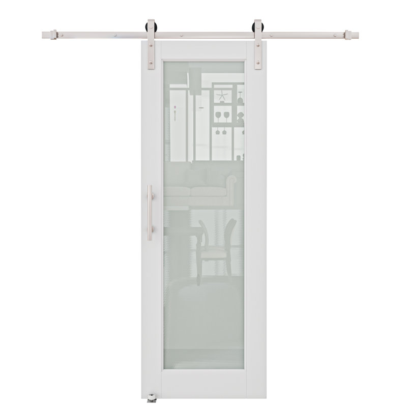 30 in. x 80 in. Primed White MDF Sliding Barn Door with Frosted Glass and Nickel Hardware