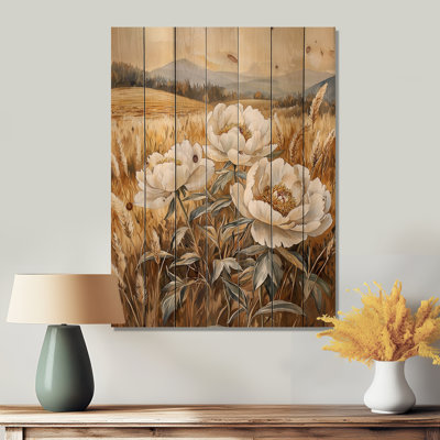 Countryside Peonies In The Harvest Field II - Peonies Wood Wall Art - On Natural Pine Wood