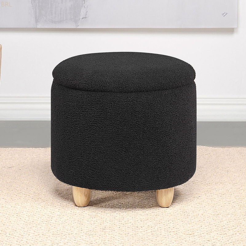 Faux Sheepskin Upholstered Round Storage Ottoman, Black