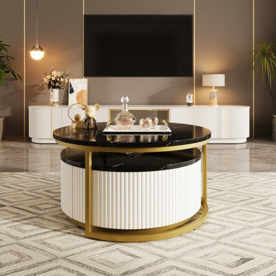 Modern Round Nesting Coffee Table Fluted With Drawer In 27.6"