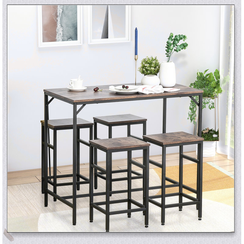 5-Piece Industrial Dining Table Set with Bar Table and 4 Stools, Durable and Easy to Clean for Modern Kitchens and Dining Rooms