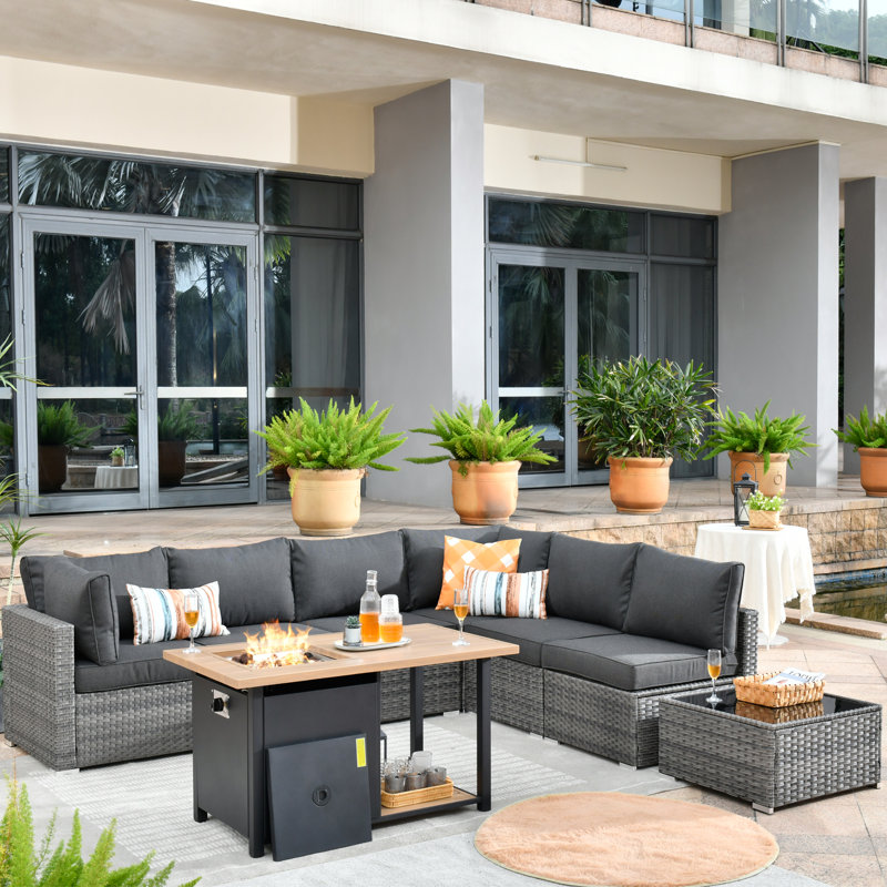 Wyckhoffe Wicker 6 - Person Modular Patio Conversation Set with Cushions, Black