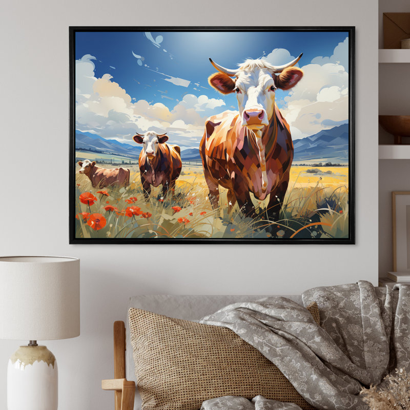 «Betancur Cattle Pastoral Grazers», impression géométrique sur toile, H 12 po x l 20 po x P 1 po, Cadre flottant noir