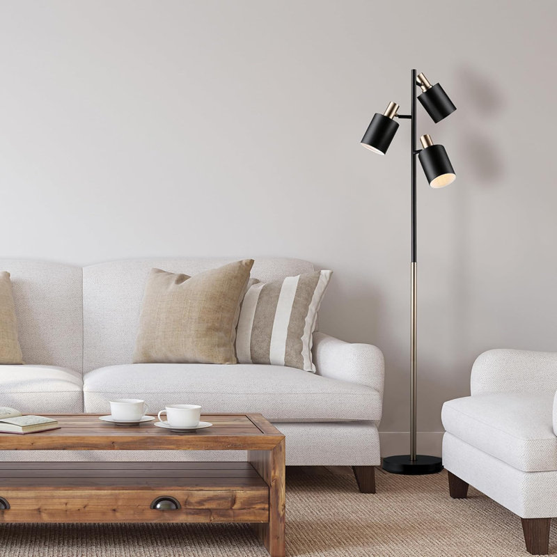 67" 3-Light Track Tree Floor Lamp With Matte Black Finish And Brass Accents