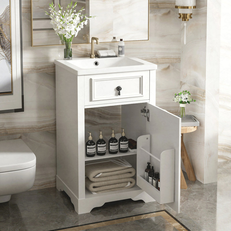 Meuble-lavabo de 20 pouces avec lavabo en céramique, porte à fermeture douce, tablette réglable et support de rangement fixé à la porte - idéal pour les petites salles de bain